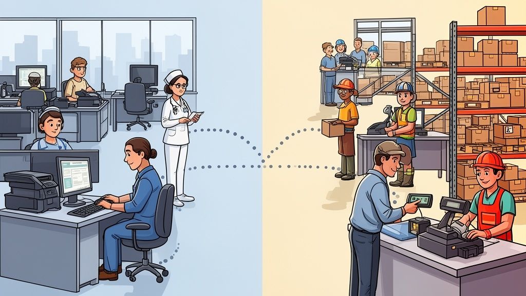A split illustration showing an office environment on the left and a warehouse logistics setting on the right.