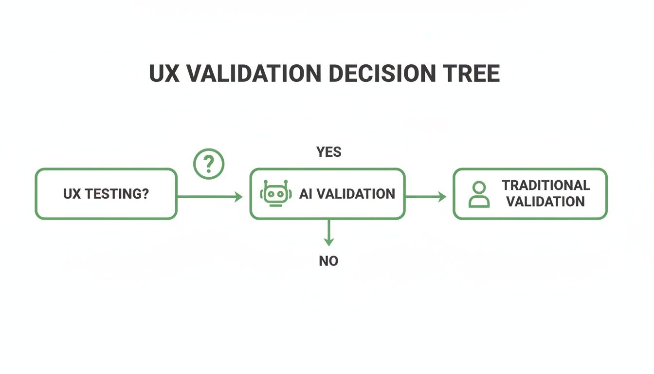 A UX validation decision tree showing steps from UX testing to AI validation or traditional validation.