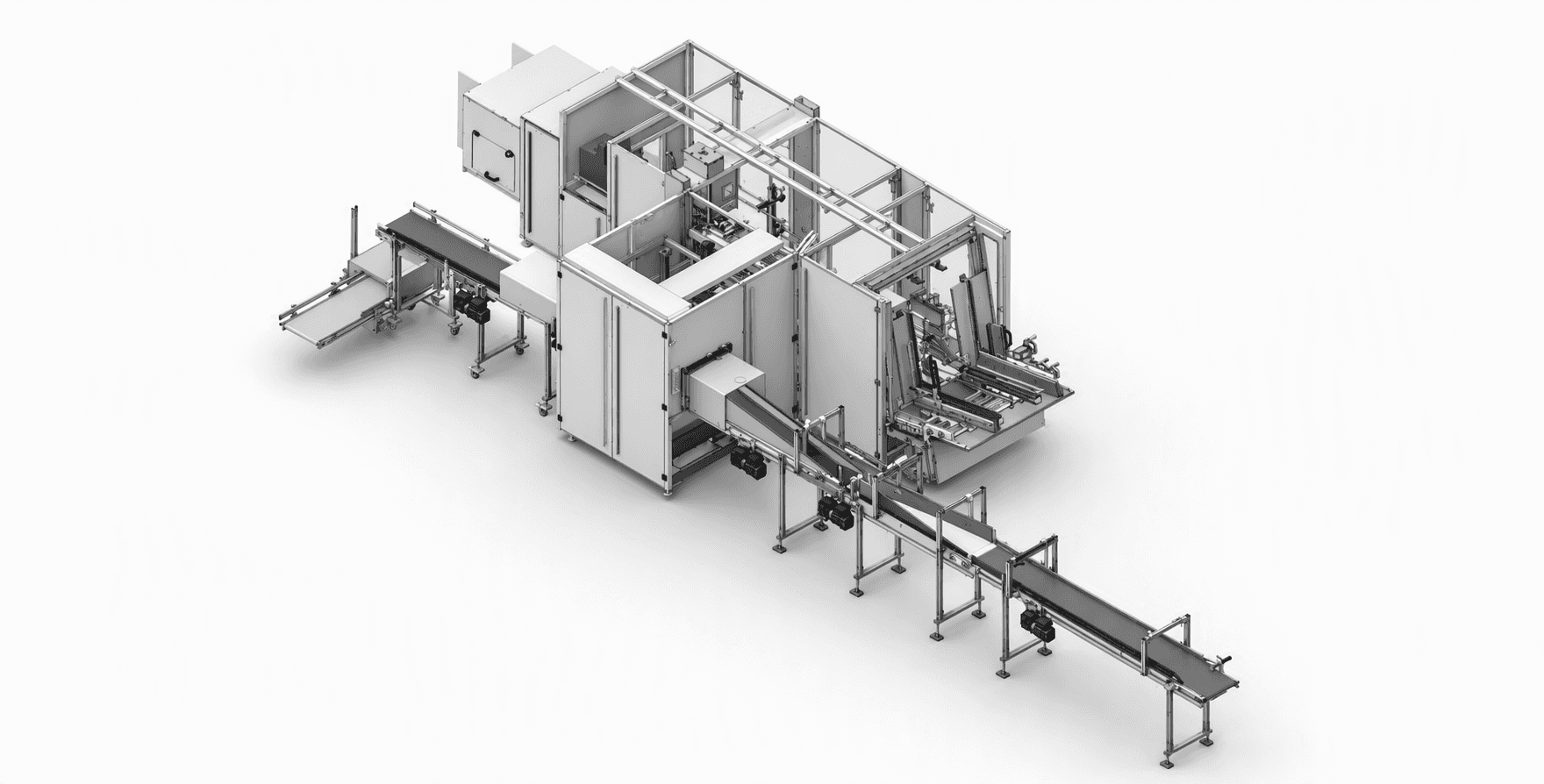 Industrial packaging machine, automatic filling system, white machine on a black background