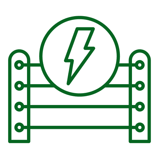 Electric fence power system icon with lightning bolt symbol connected to fence lines representing agricultural security and perimeter protection.
