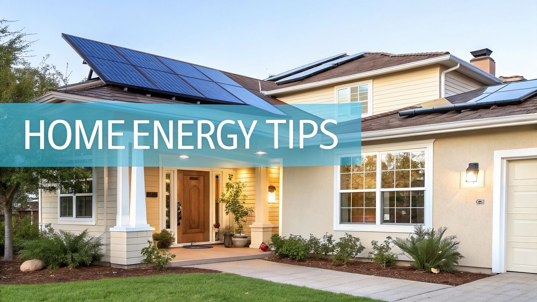 a blue text box displaying 'home energy tips' with a large home in the background showcasing solar panels on the roof