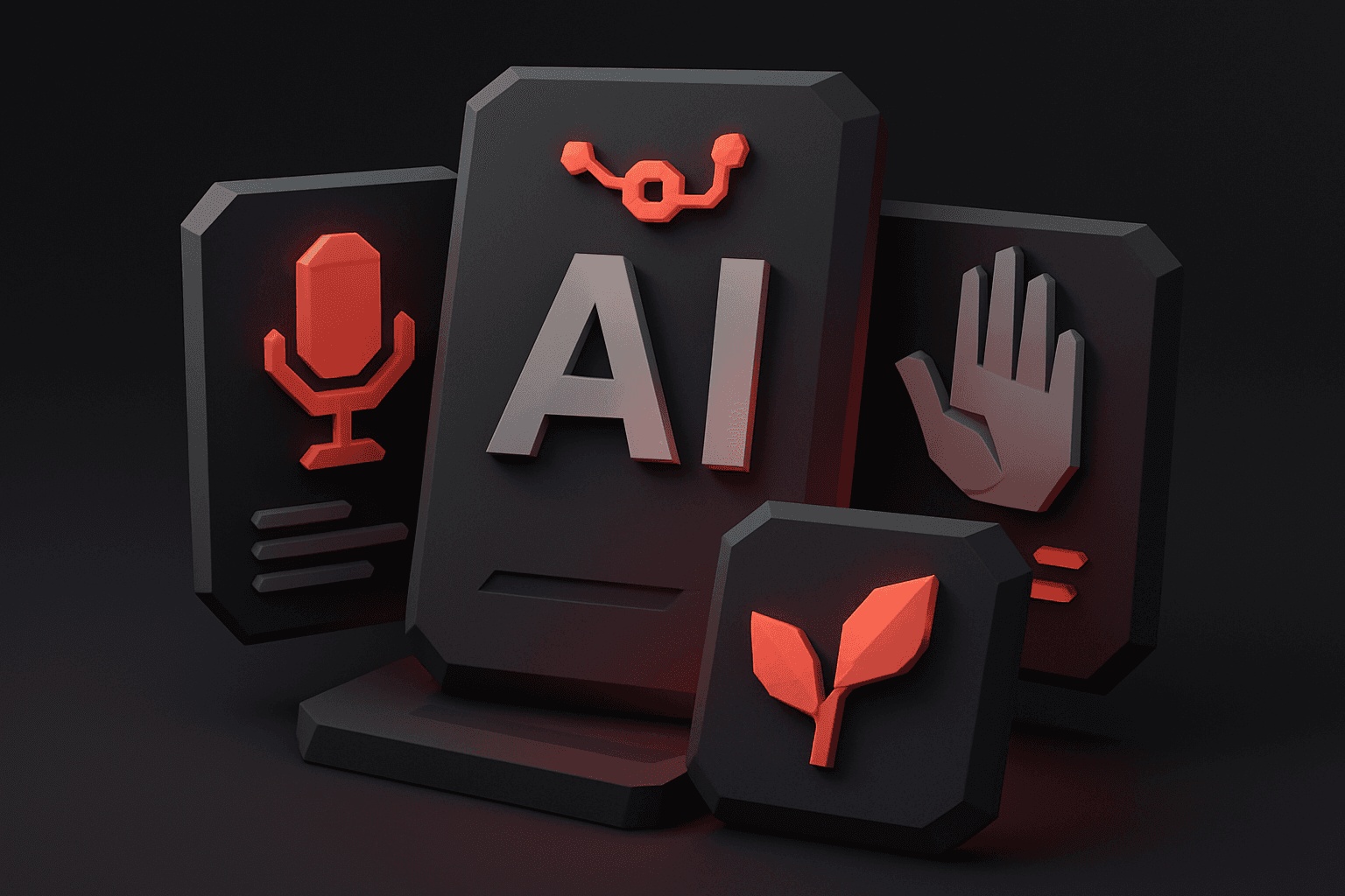 Stylized 3D illustration of AI-related icons, including a microphone, hand, and plant symbol, surrounding a central AI interface