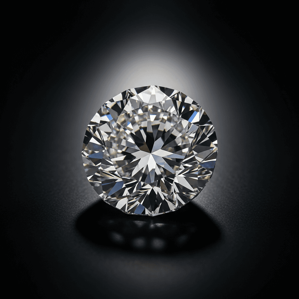 A close-up, highly detailed image of a brilliant-cut, sparkling diamond with visible facets reflecting light, set against a dark, contrasting background.