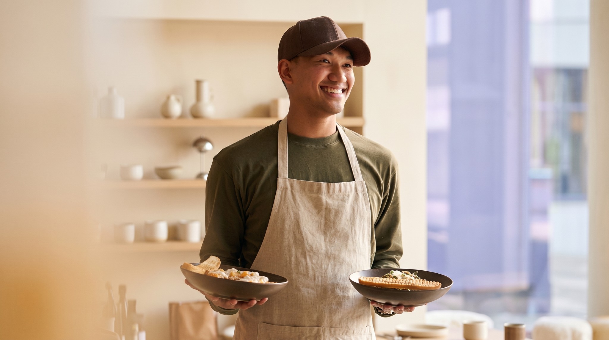 Woman smiling with a tray of food, healthy meal
