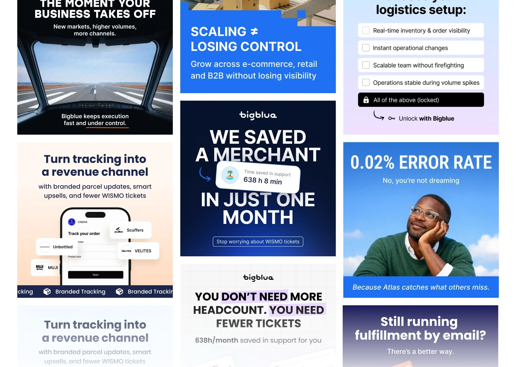 Grid of social media ads designed for Bigblue, one visual style across different campaign messages