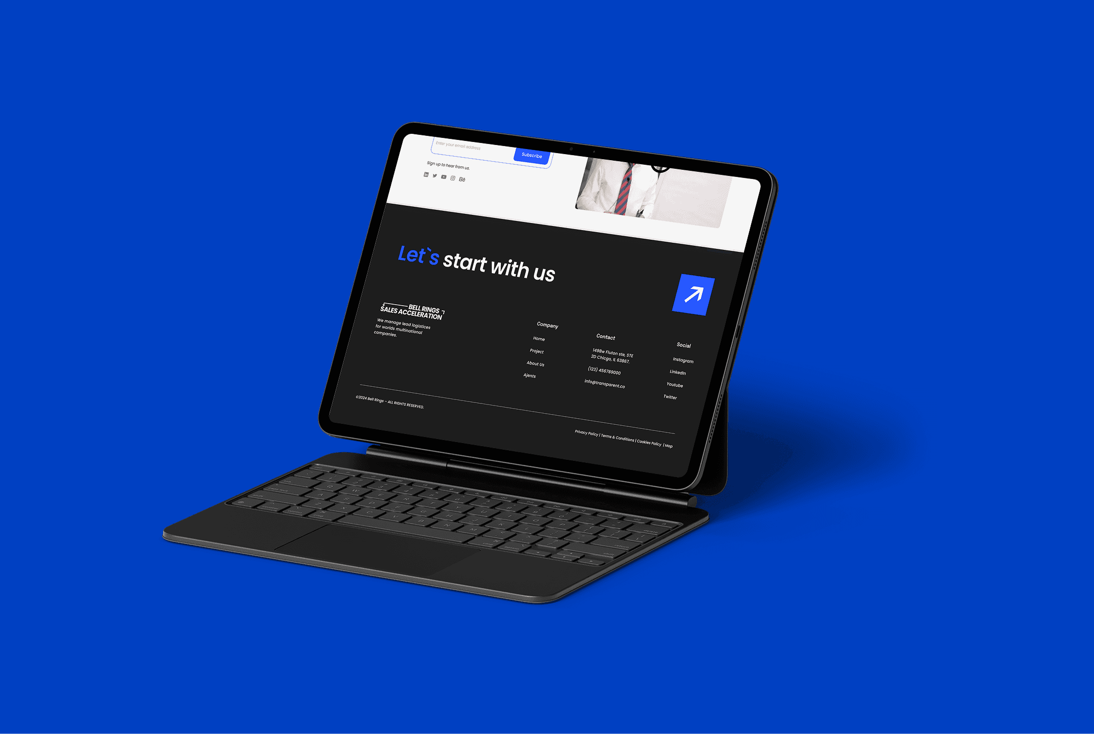 Tablet device displaying modern website footer with contact information, social media links, and call-to-action on a blue background