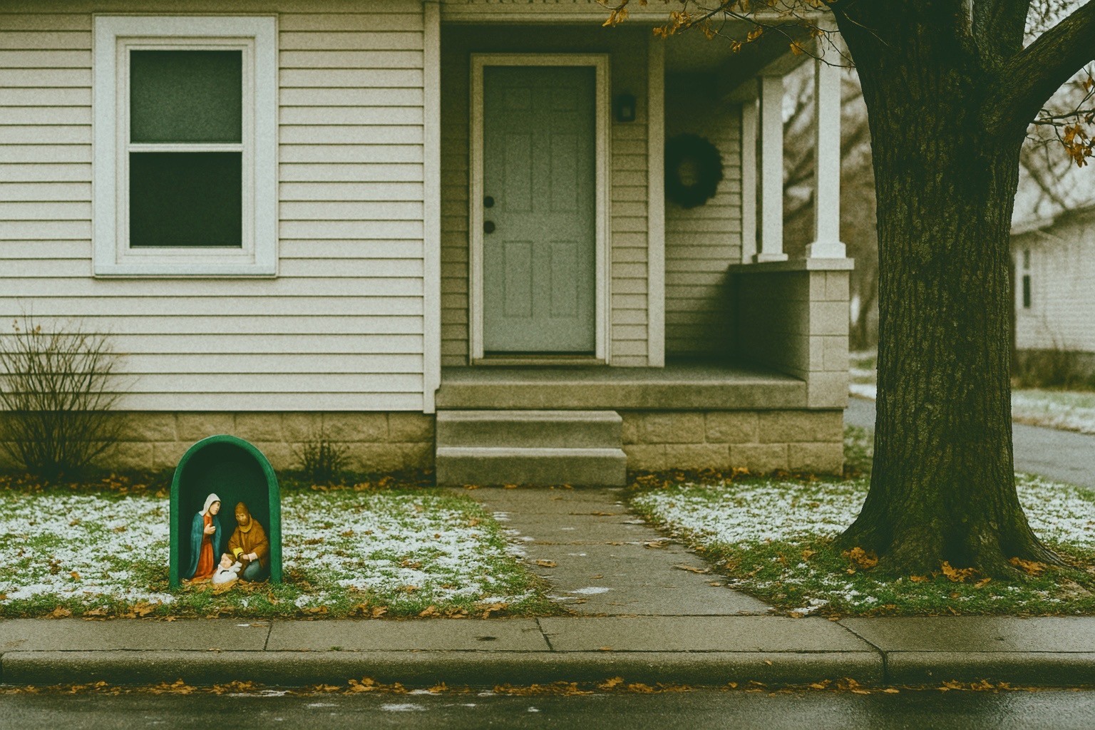 A quiet suburban house on a gray winter day with thin patches of snow on the lawn. A small plastic nativity set sits near the sidewalk, framed by a green shelter. A large tree stands to the right of the walkway leading up to the front porch.