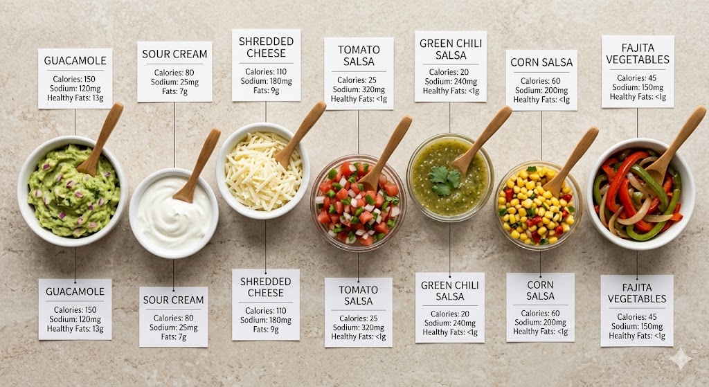 An informative infographic-style photograph showcasing seven small bowls of Mexican-style toppings—guacamole, sour cream, shredded cheese, tomato salsa, green chili salsa, corn salsa, and fajita vegetables—on a stone background, with nutrient fact cards displaying calories, sodium, and fat counts for each.