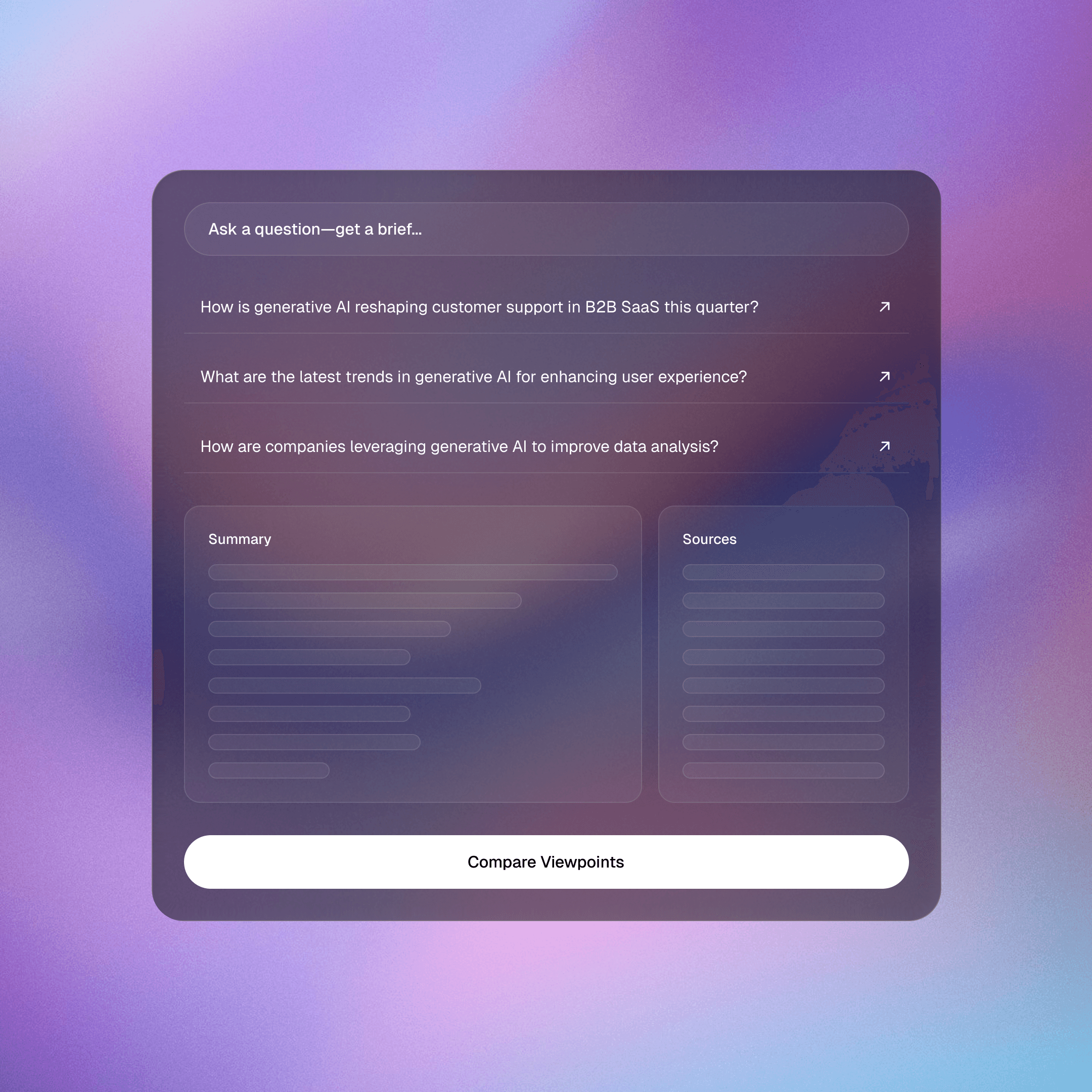 Market Scanner UI showing question → cited brief with outline, sources, and key claims.