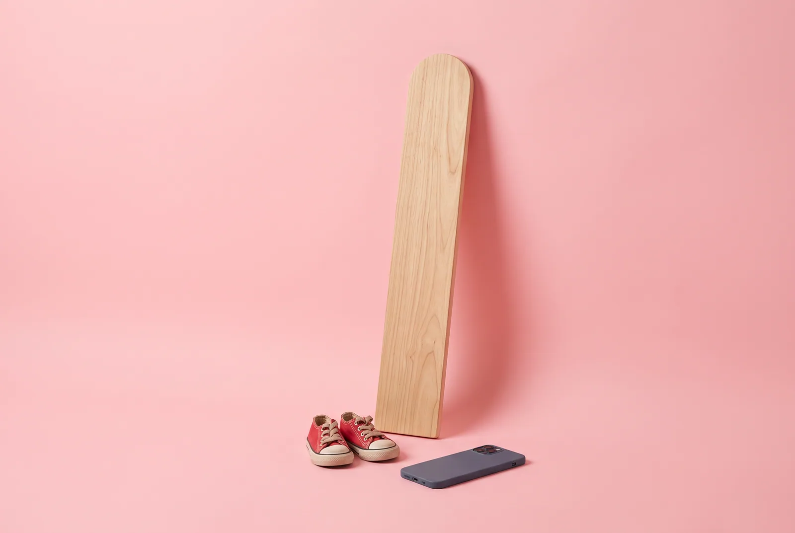 A wooden height ruler with kids' sneakers and a face-down phone, the age of exposure when you talk to your son about porn