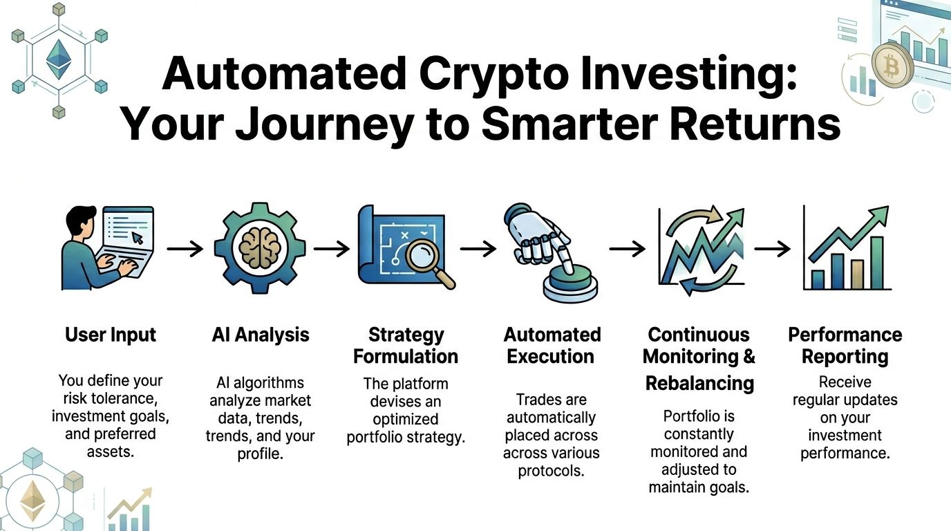 A diagram illustrating the six steps of an automated crypto investment process using AI technology.