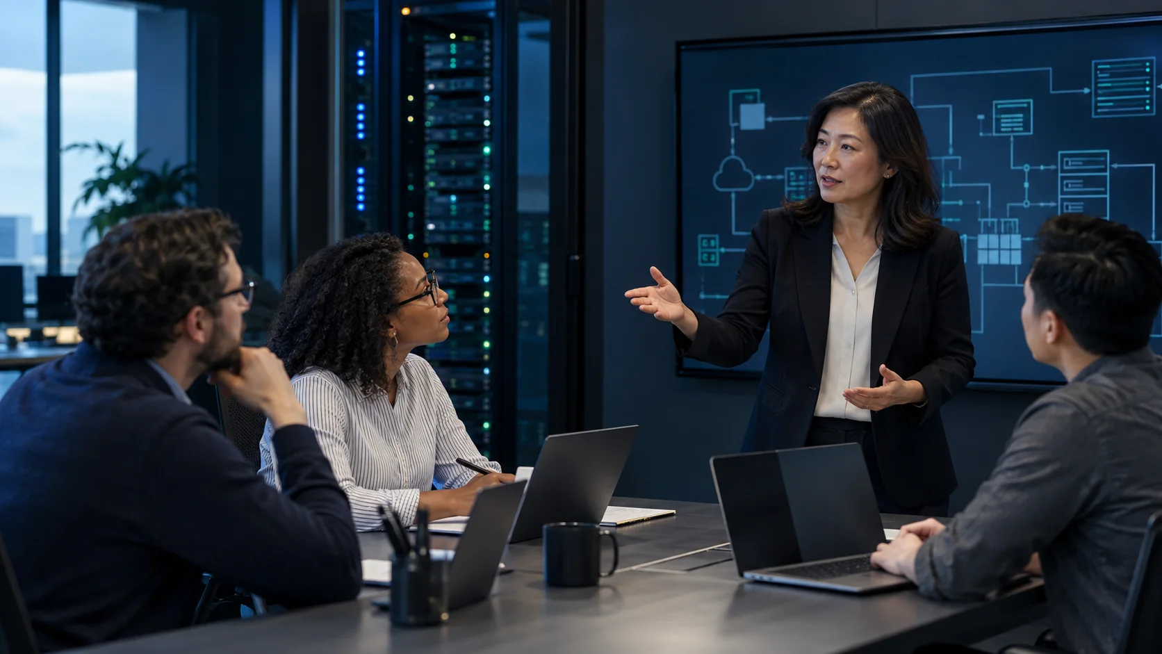 Information systems manager leading a technical planning meeting with infrastructure specialists.
