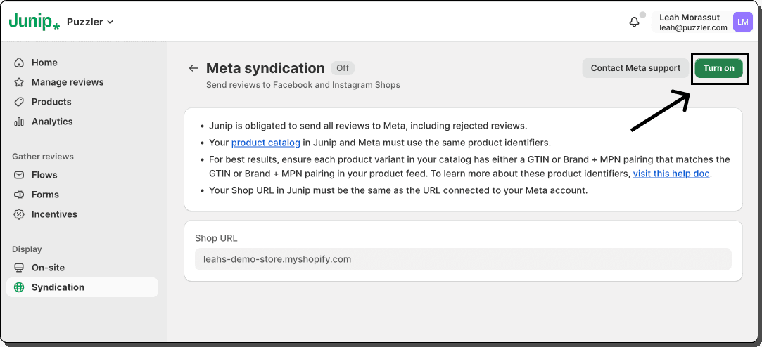 Turning on Meta syndication in Junip