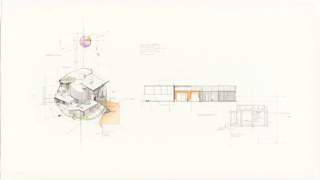 Detailed architectural concept sheet showcasing a house isometric, building section, and design studies.