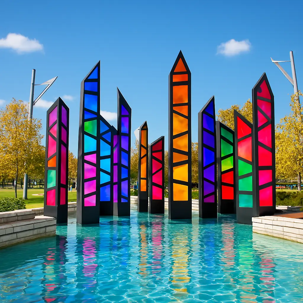 Photo of downtown Garland art sculpture emerging from center of beautifully clean pool