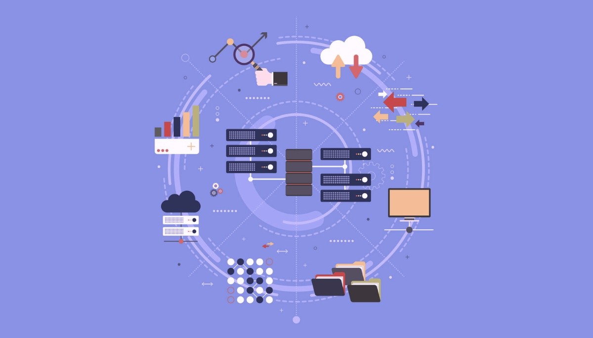 Conceptual illustration of servers, charts, folders, and cloud icons connected by colorful arrows.