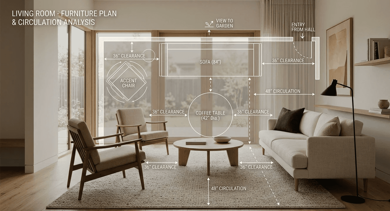 Modern living room furniture layout with sofa, accent chairs, and coffee table, featuring labeled spacing guidelines and circulation paths for optimal flow and functionality.