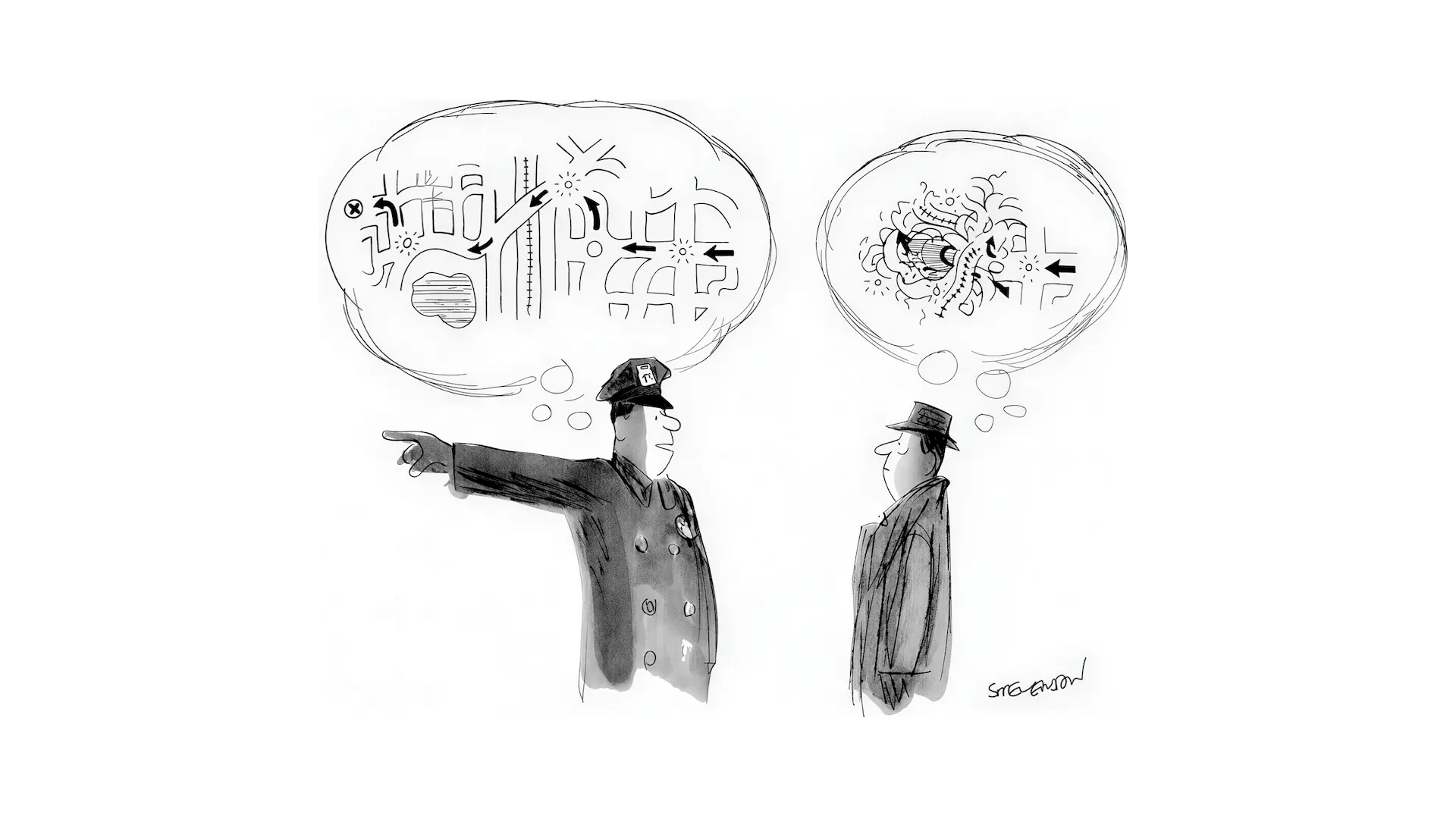 Cop points and gives directions; his mental map is clear, the listener’s is a tangle.