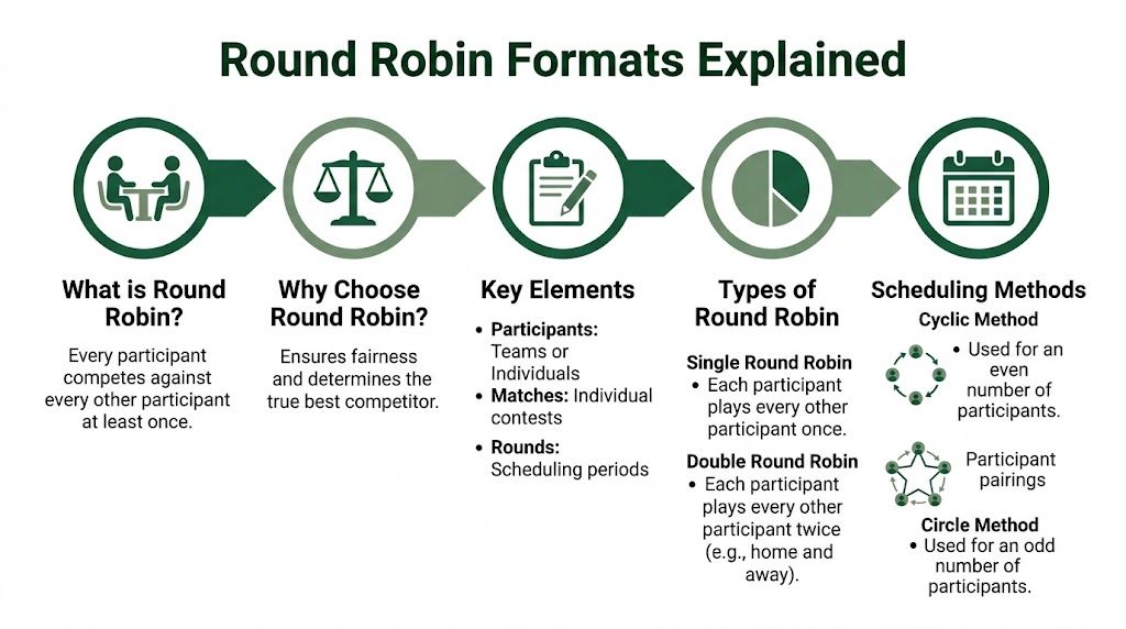 An infographic titled Round Robin Formats Explained detailing the definition, benefits, key elements, and scheduling methods.