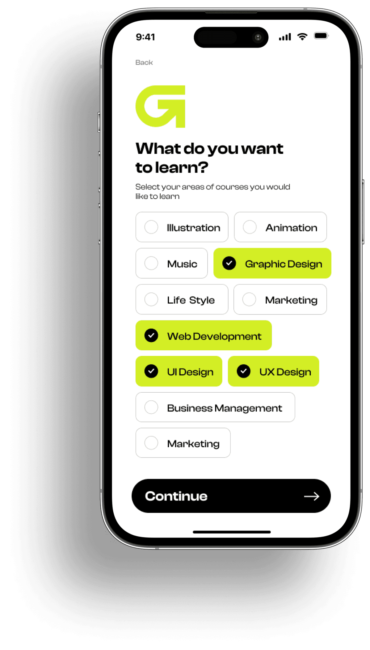 A smartphone screen displaying an online course selection interface, highlighting options in graphic design, web development, and UX design.