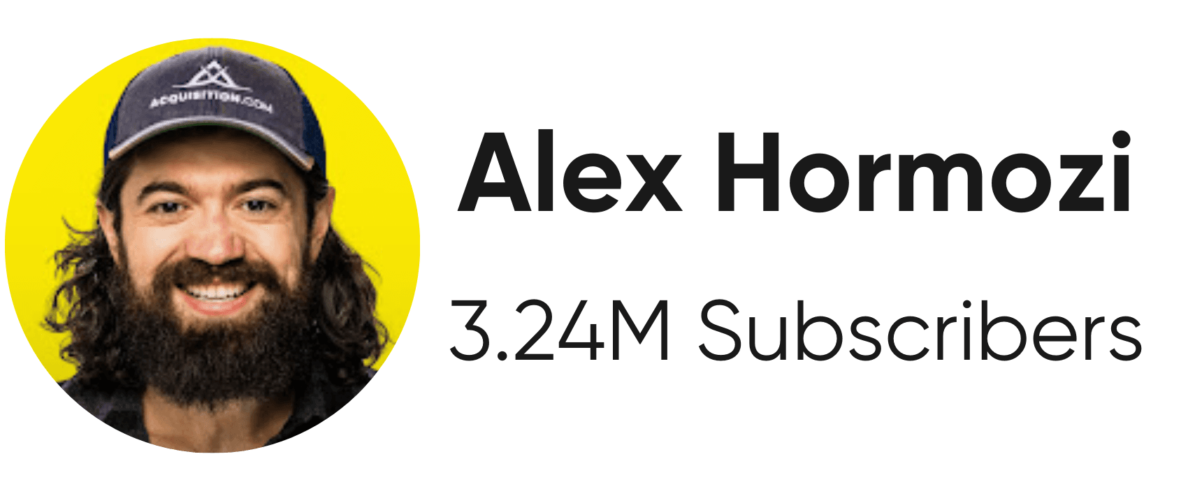 A close-up of the YouTube creator "Alex Hormozi." It shows a circular profile picture with a headshot of a man with long dark hair and a beard, wearing a dark baseball cap. The profile picture has a bright yellow background. To the right of the profile picture is the text "Alex Hormozi" and "3.24M Subscribers." The image has a light gray background.
