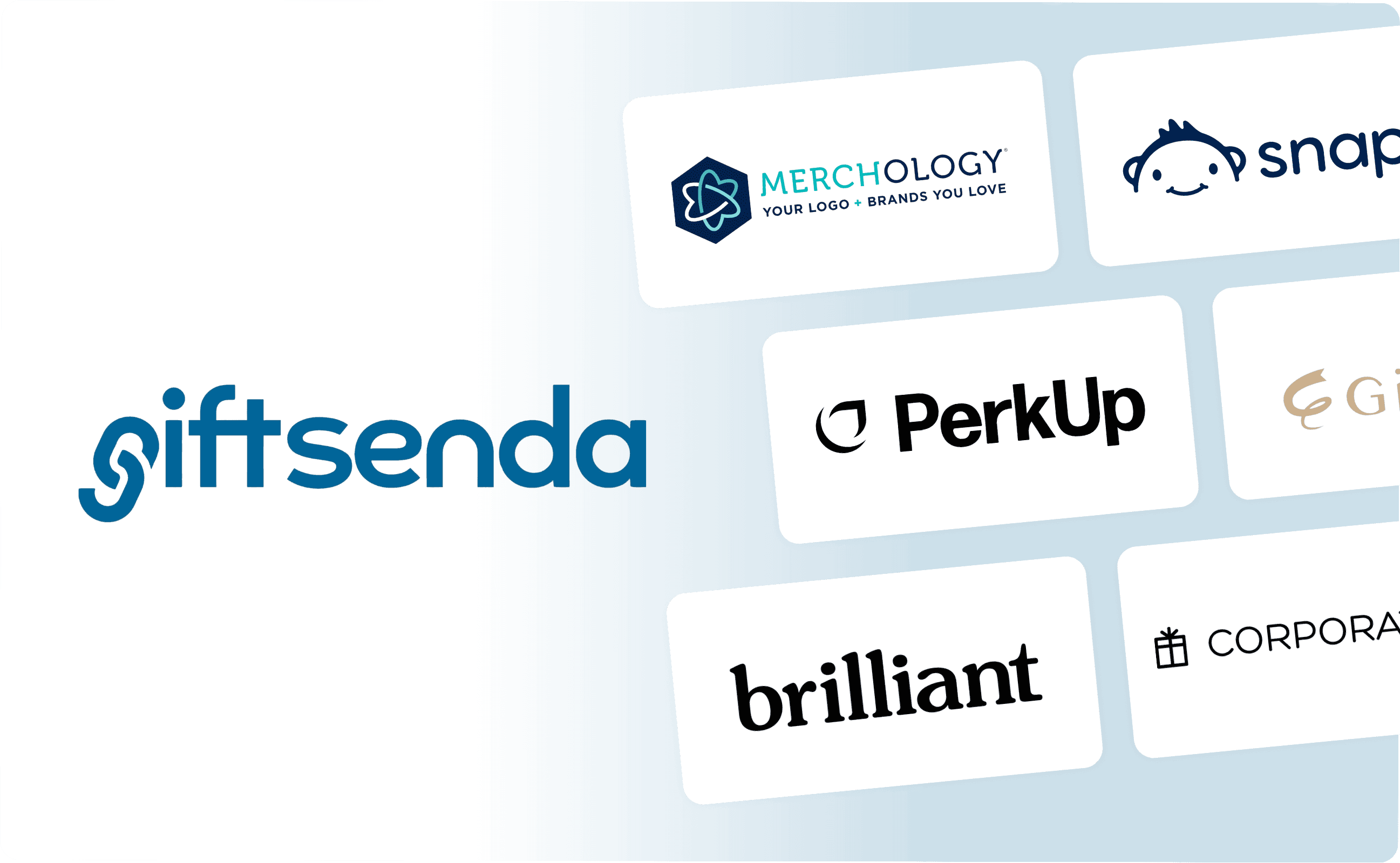 The Giftsenda logo beside the logos of Merchology, Snappy, PerkUp, Giftpack, Brilliant, and CorporateGift.com.