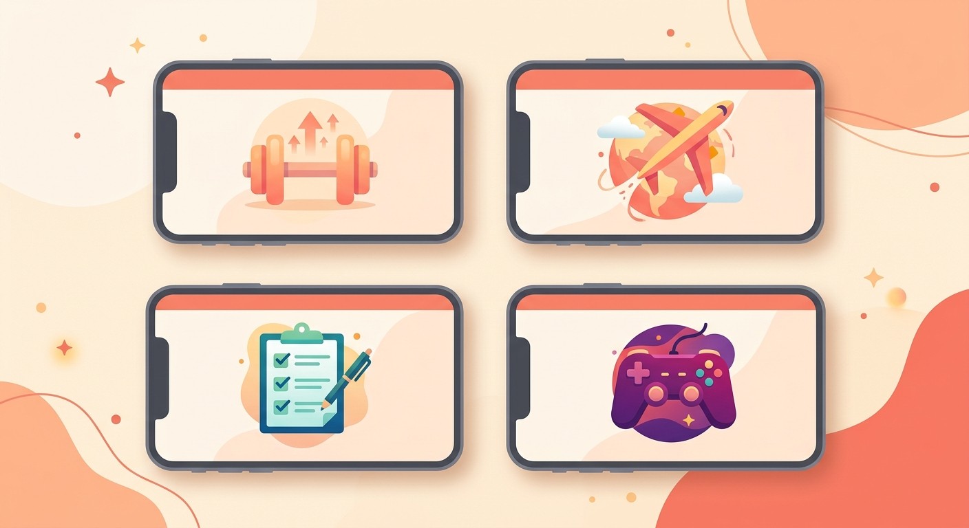 Mobile app category icons for fitness, travel, productivity, and gaming, representing how subscription model choice depends on app type