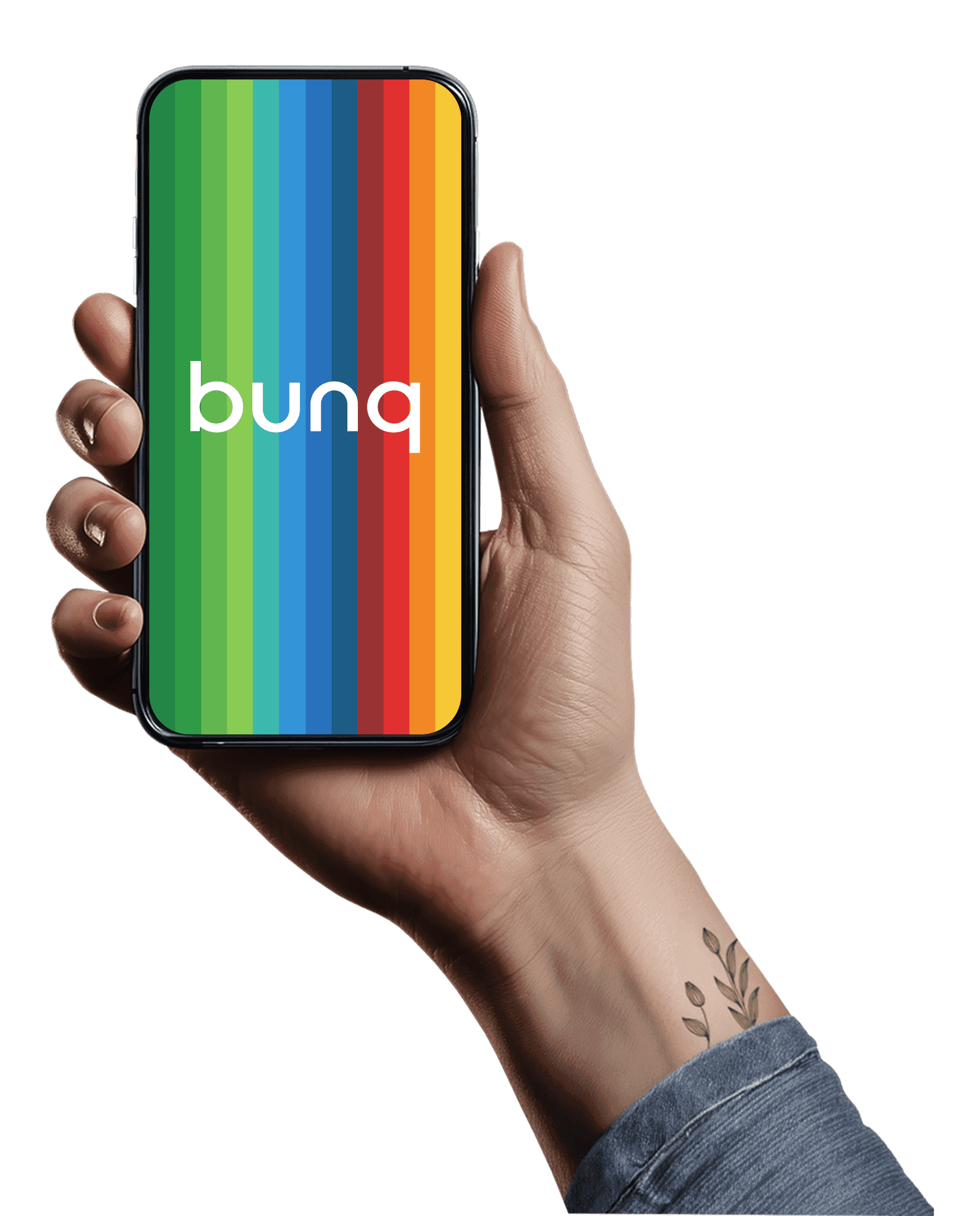 Une main tient un smartphone affichant un écran coloré avec le logo "bunq"