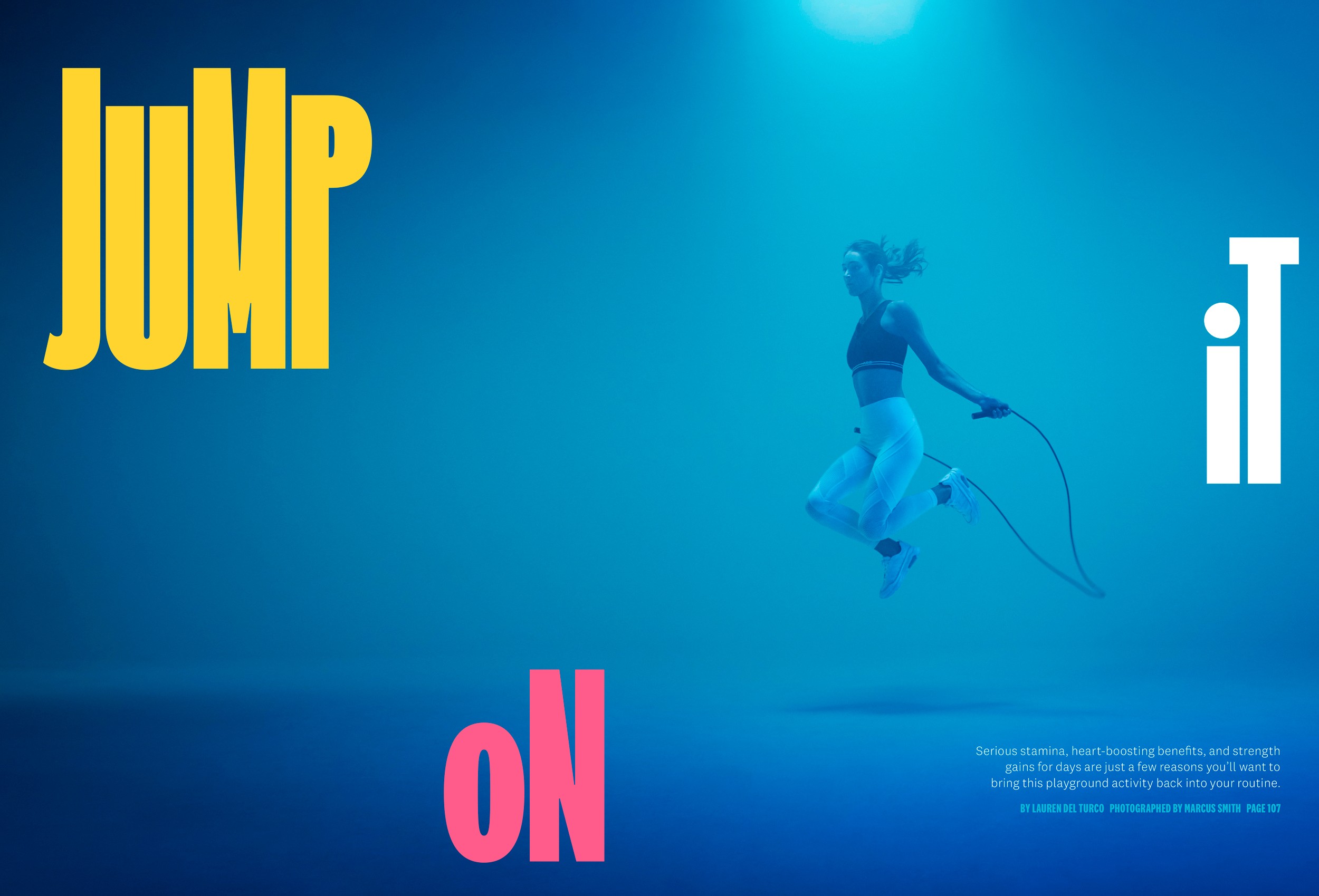 A layout featuring a pull backed shot of a woman in workout outfit jumping rope in a misty blue environment.