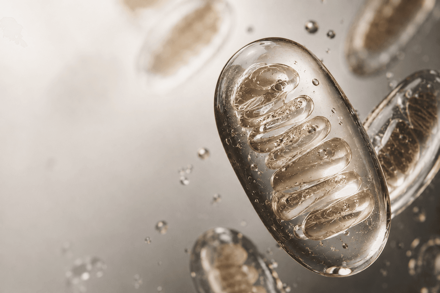 Microscopic representation of human cellular mitochondria — ATP-producing organelles whose efficiency progressively declines with age according to contemporary geroscience data.