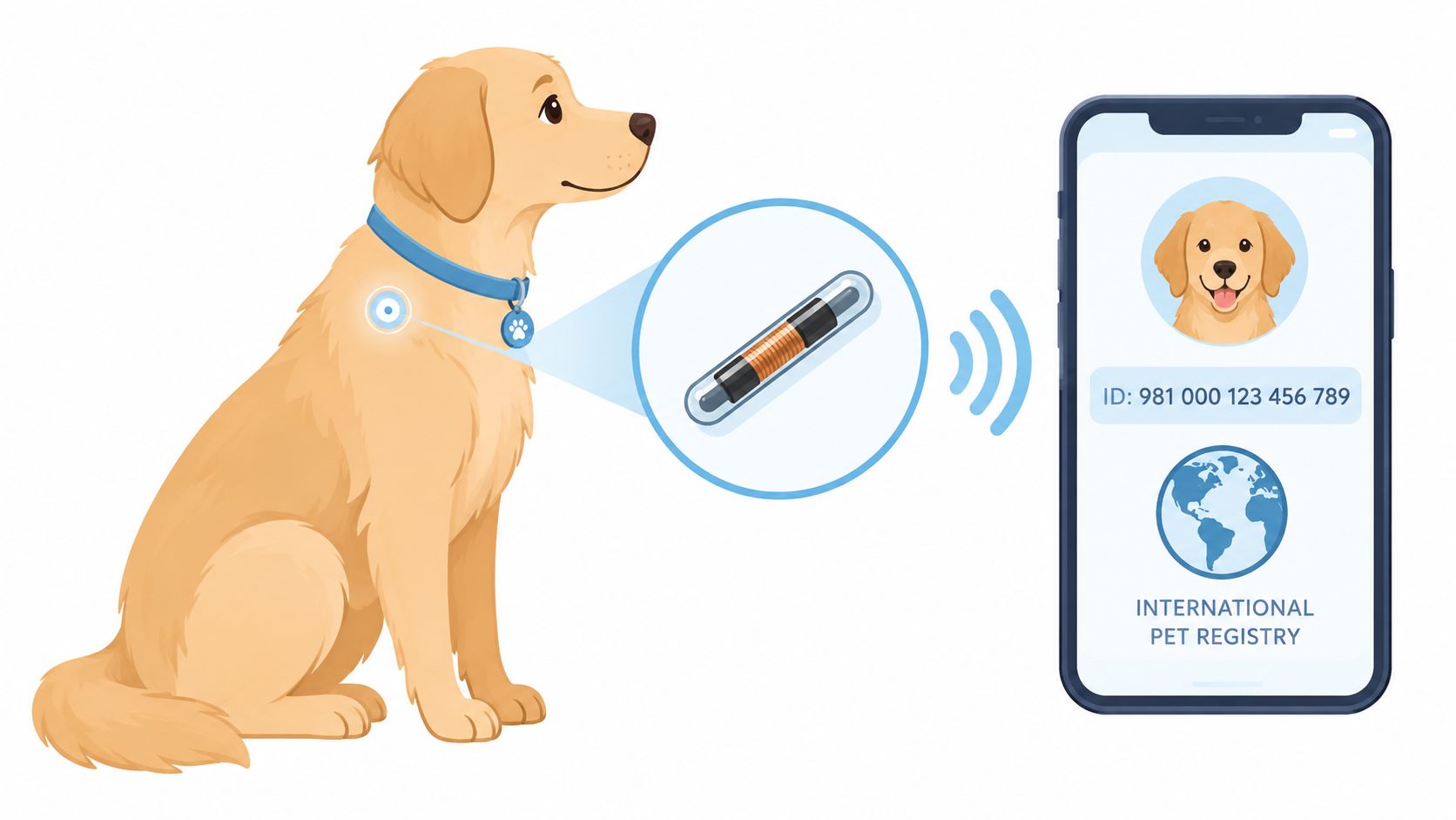 An illustration showing a golden retriever dog with a microchip being scanned by a smartphone app.