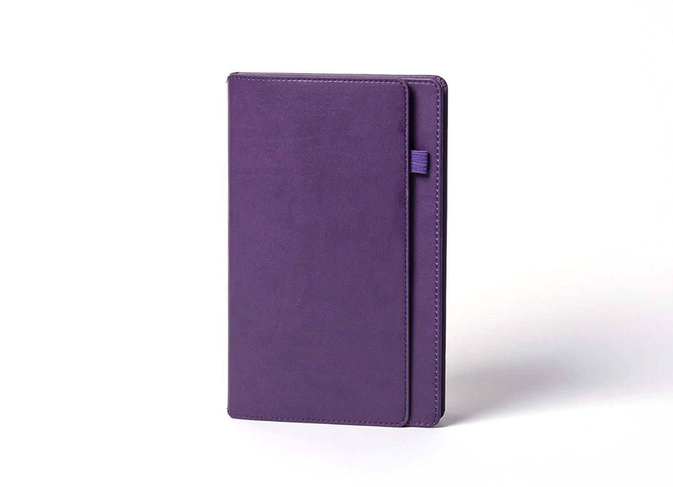 Front view of purple notebook with pen loop.