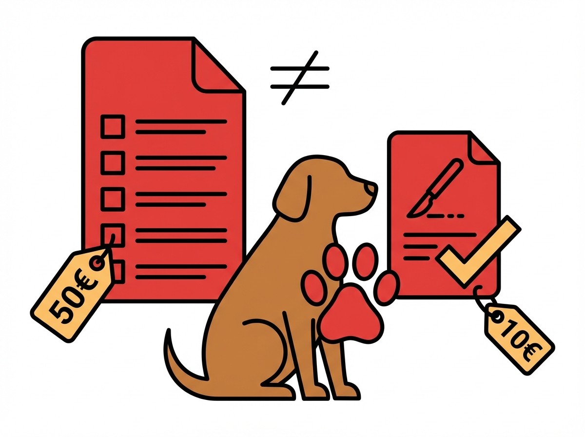 Ein Hund sitzt zwischen zwei roten Dokumenten, eines mit einem Häkchen und einem Preis von 10 € und das andere mit einem Preis von 50 €.