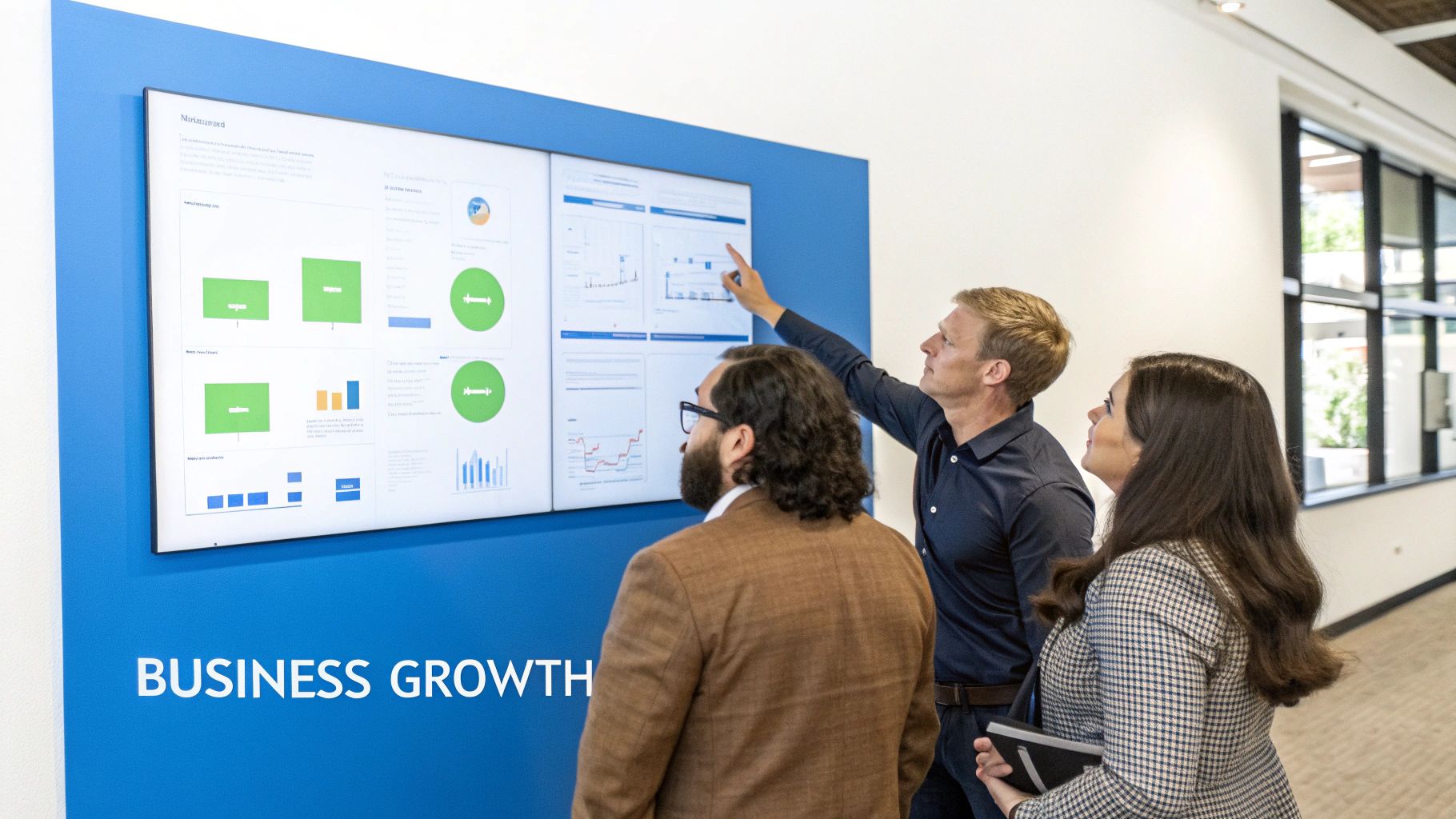 People analyzing data charts on a screen, representing business growth