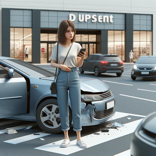 A minimalist and realistic image of a car accident in a shopping mall parking lot. One car is slightly damaged, and a distressed young woman stands nearby holding a phone in her hand, looking confused and worried. In the background, a few parked cars and a simple entrance to the shopping mall are visible. The overall mood is tense and anxious.