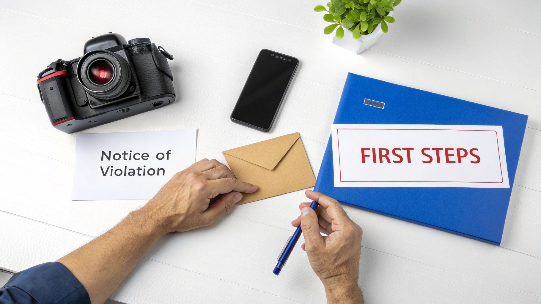 A person's hands on a desk with a camera, smartphone, and papers showing 'Notice of Violation' and 'FIRST STEPS'.