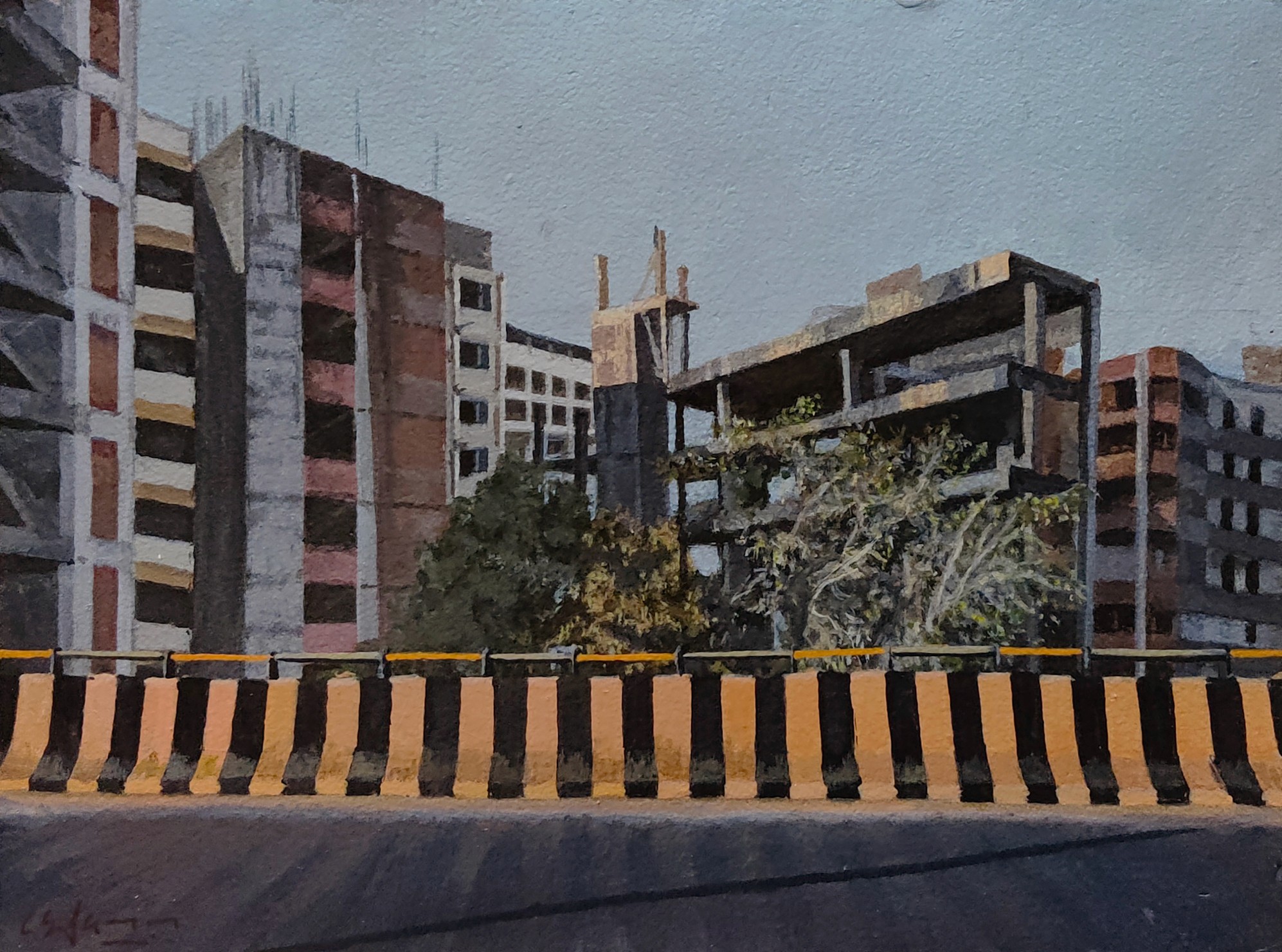 herd of sheep on road painting