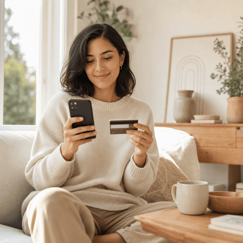  a woman pays on her phone with her credit card in her other hand