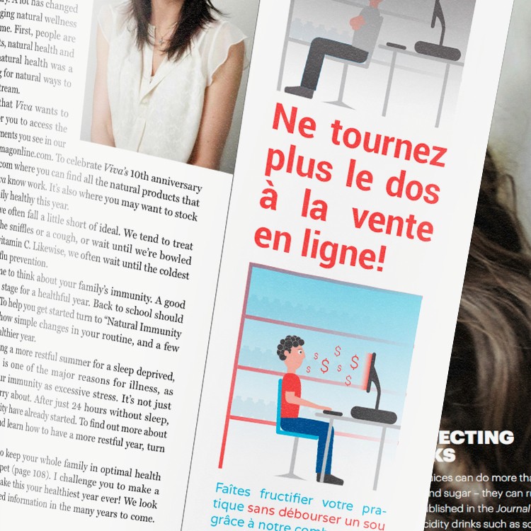 Magazine ad showing a cartoon person sitting at a computer with dollar signs on the screen. Above is a bold red message in French: 'Ne tournez plus le dos à la vente en ligne!' (Don’t turn your back on online sales!). Below, smaller blue text encourages professionals to grow their practice for free with an online platform.