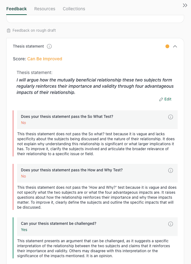 thesify thesis statement feedback showing the So What test, How and Why test, and challenge test