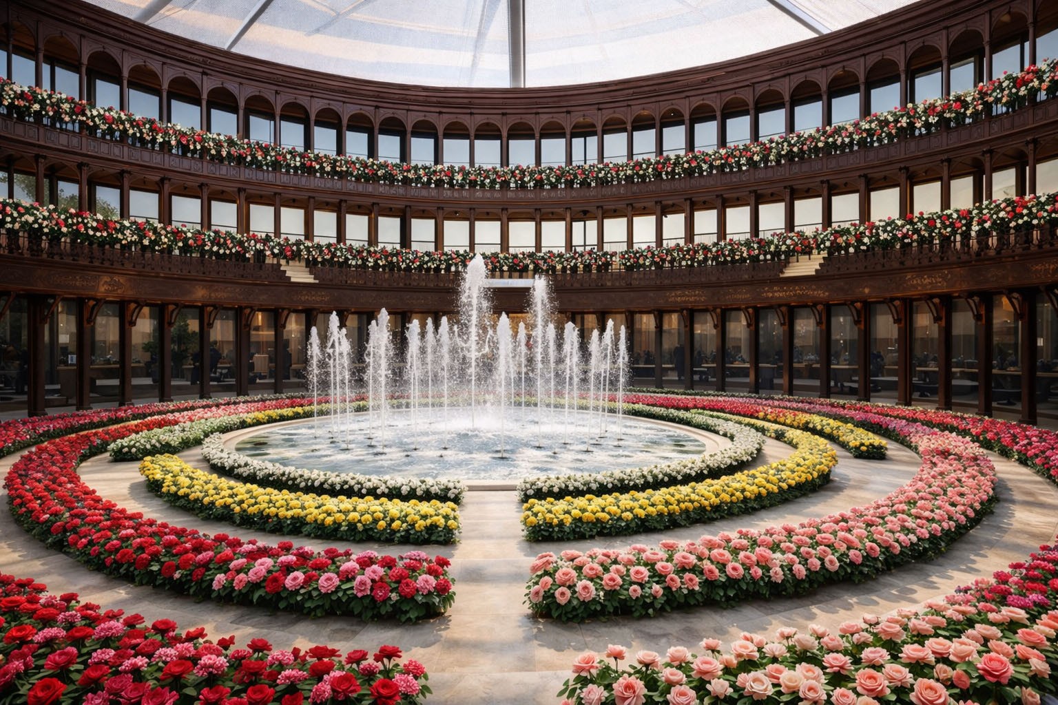 Artistic fashion portrait with colorful floral and avant-garde wallpaper