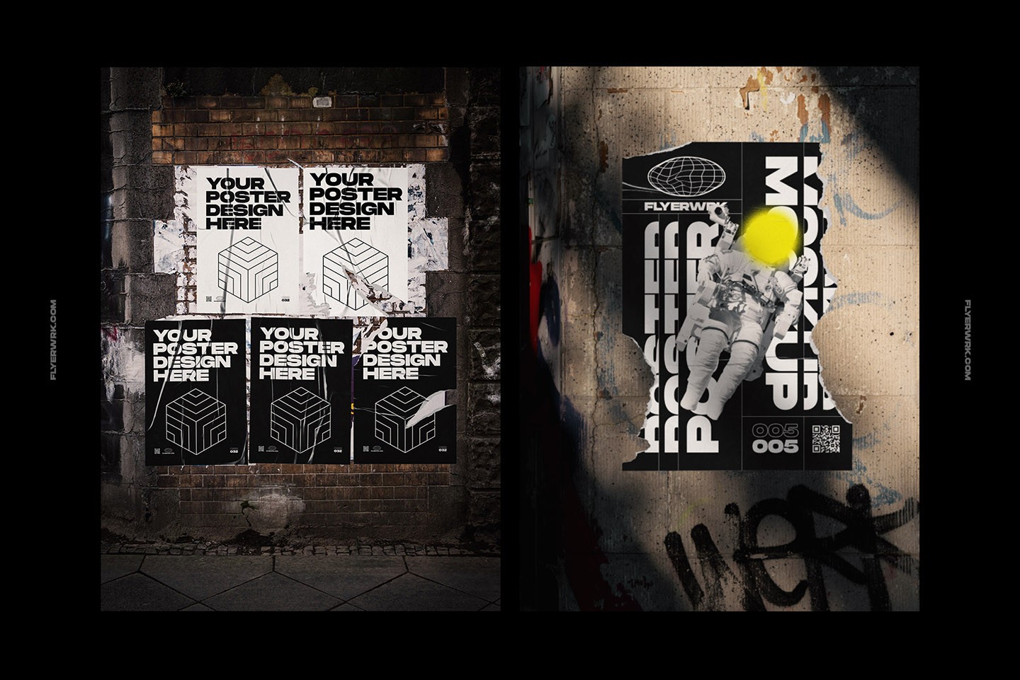 Urban poster wall mockup showing multiple posters glued on aged brick wall