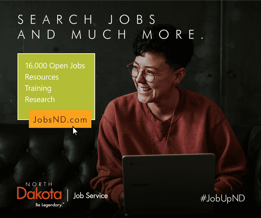 Static Ad for job search, woman on laptop smiling