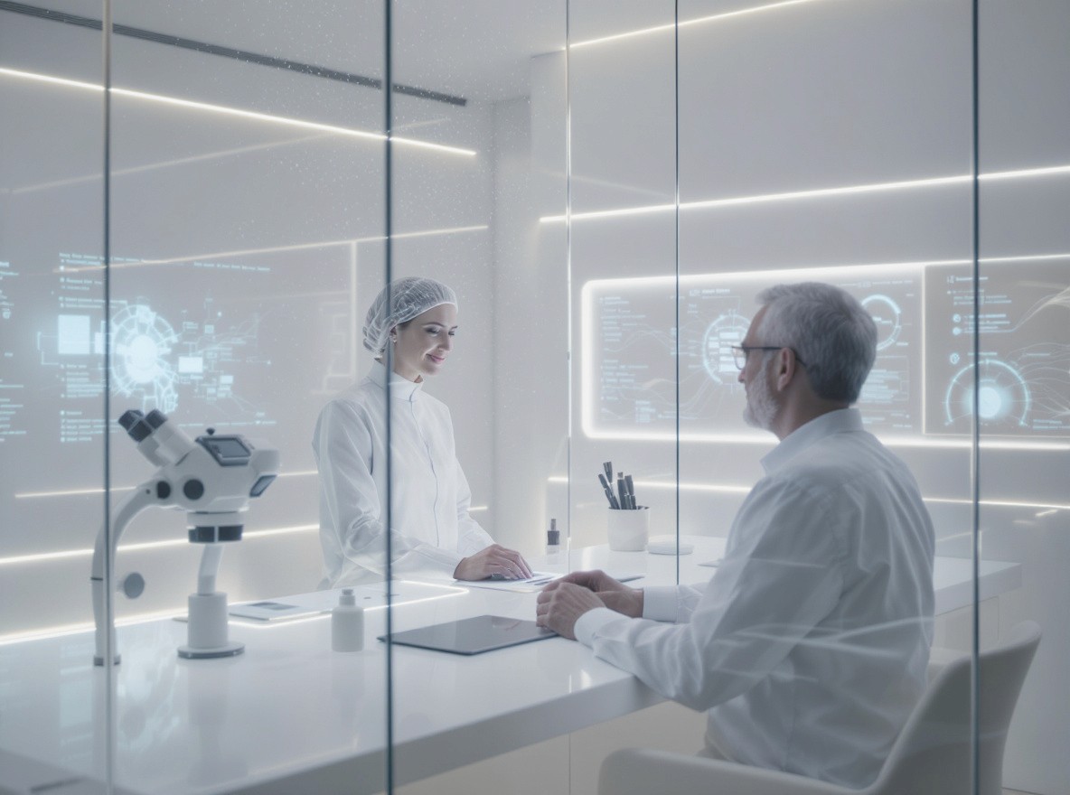 Person sitting in a modern office in front of a wall covered with notes and sketches.