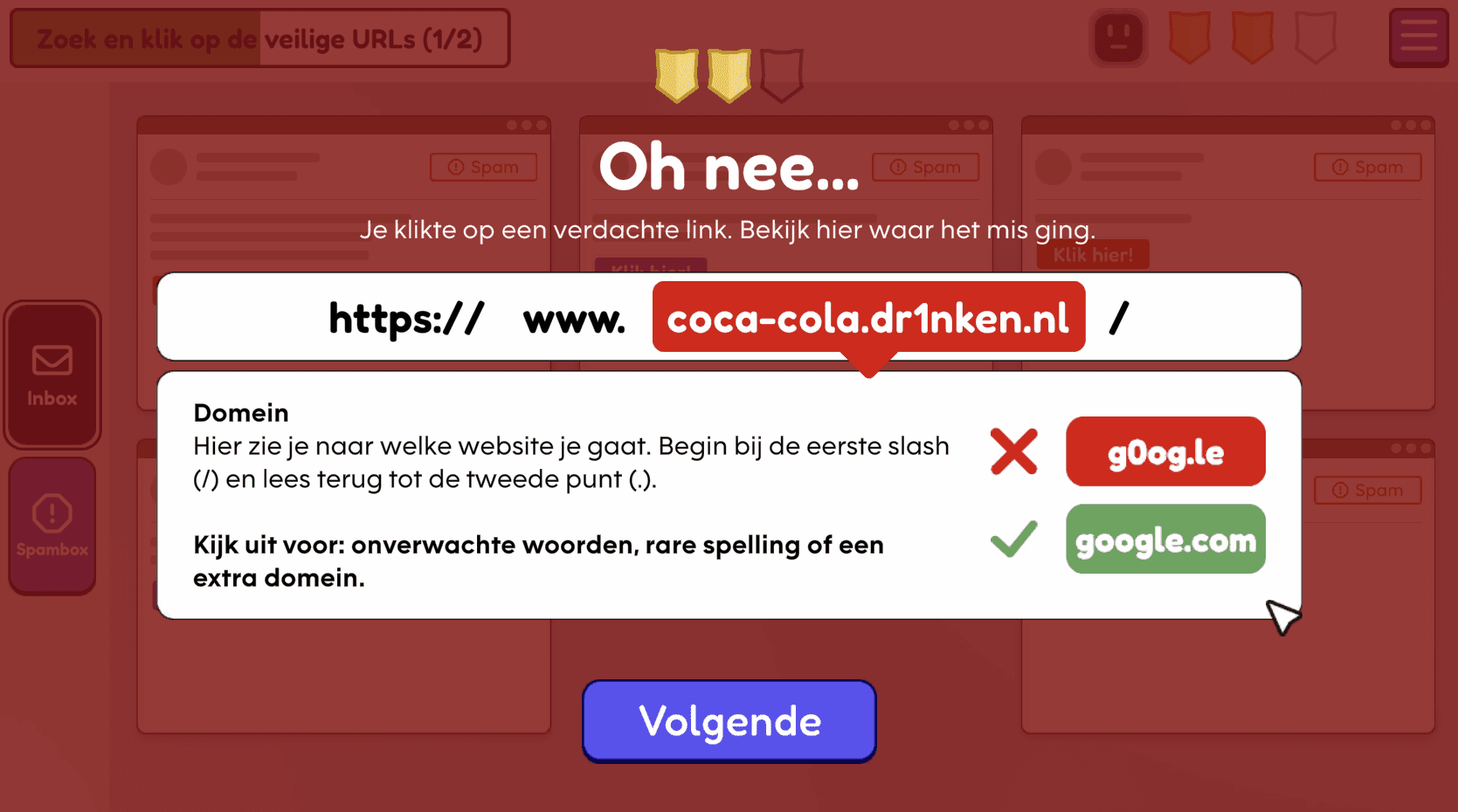 Screenshot uit het spel Clickventure. Overlay waarin je feedback krijgt op een gemaakte fout.