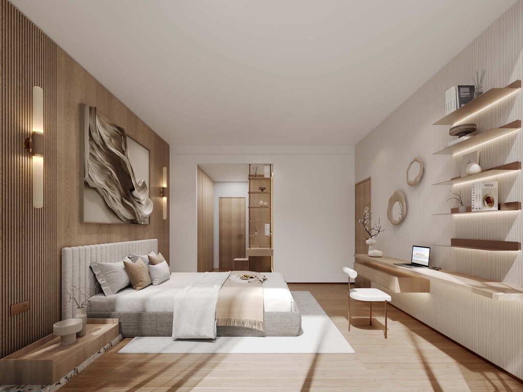 Sleek bedroom interior with wooden walls and a bed, reflecting the modern design of Wynwood Horizon.
