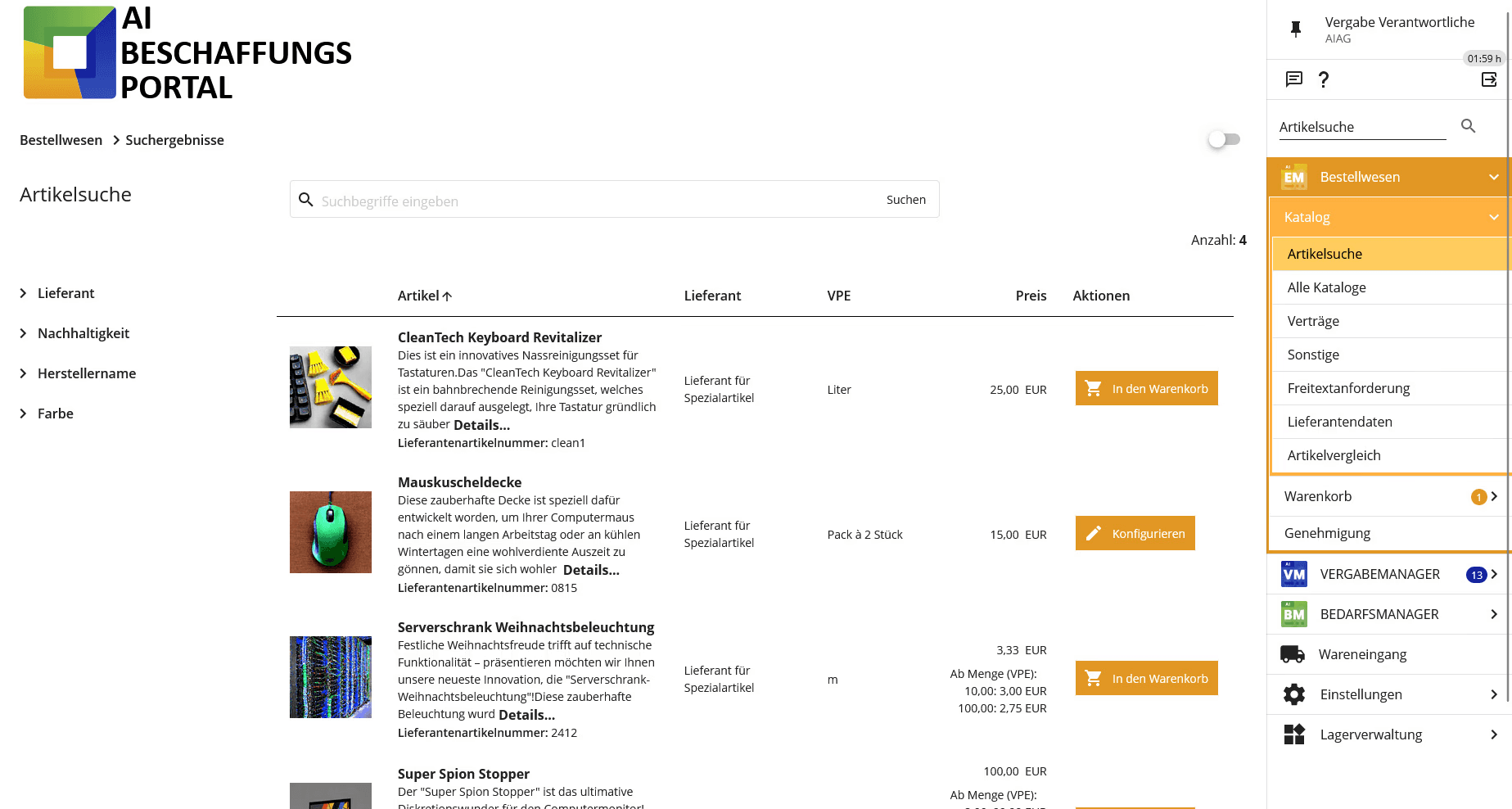 Bildausschnitt aus dem AI EINKAUFSMANAGER: Übersicht