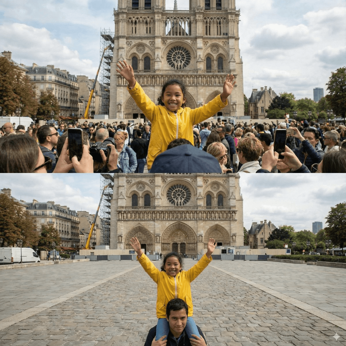 "Remove the tourists from the background of this photo and fill the space with logical textures (cobblestones and storefronts) that match the surrounding environment."