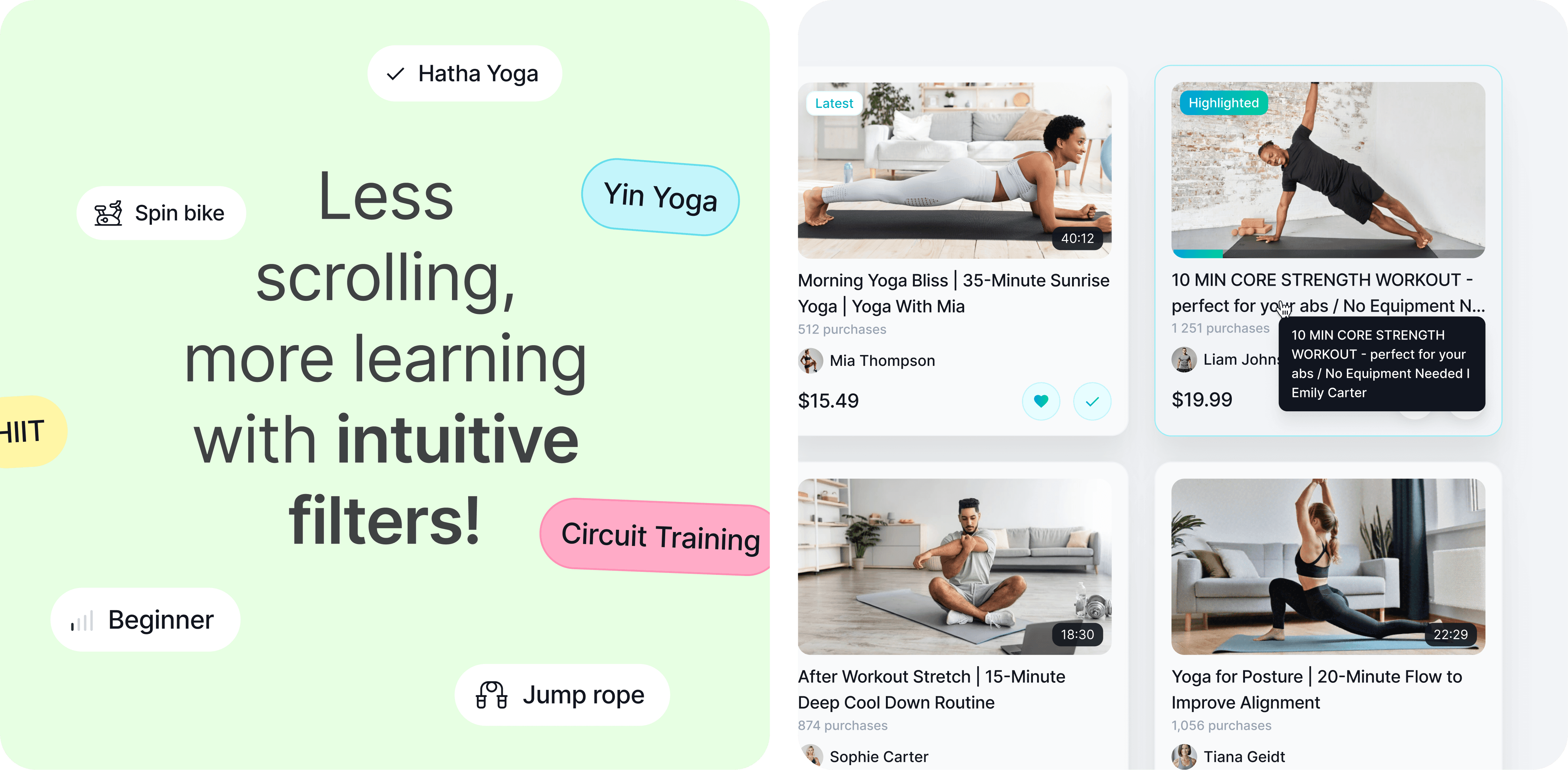 A split image showcasing tutorials, exercises, and scrolling features for an intuitive fitness app interface.