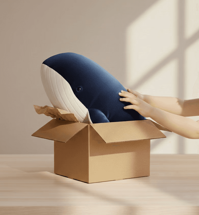 A large stuffed whale getting out of a box by a child..